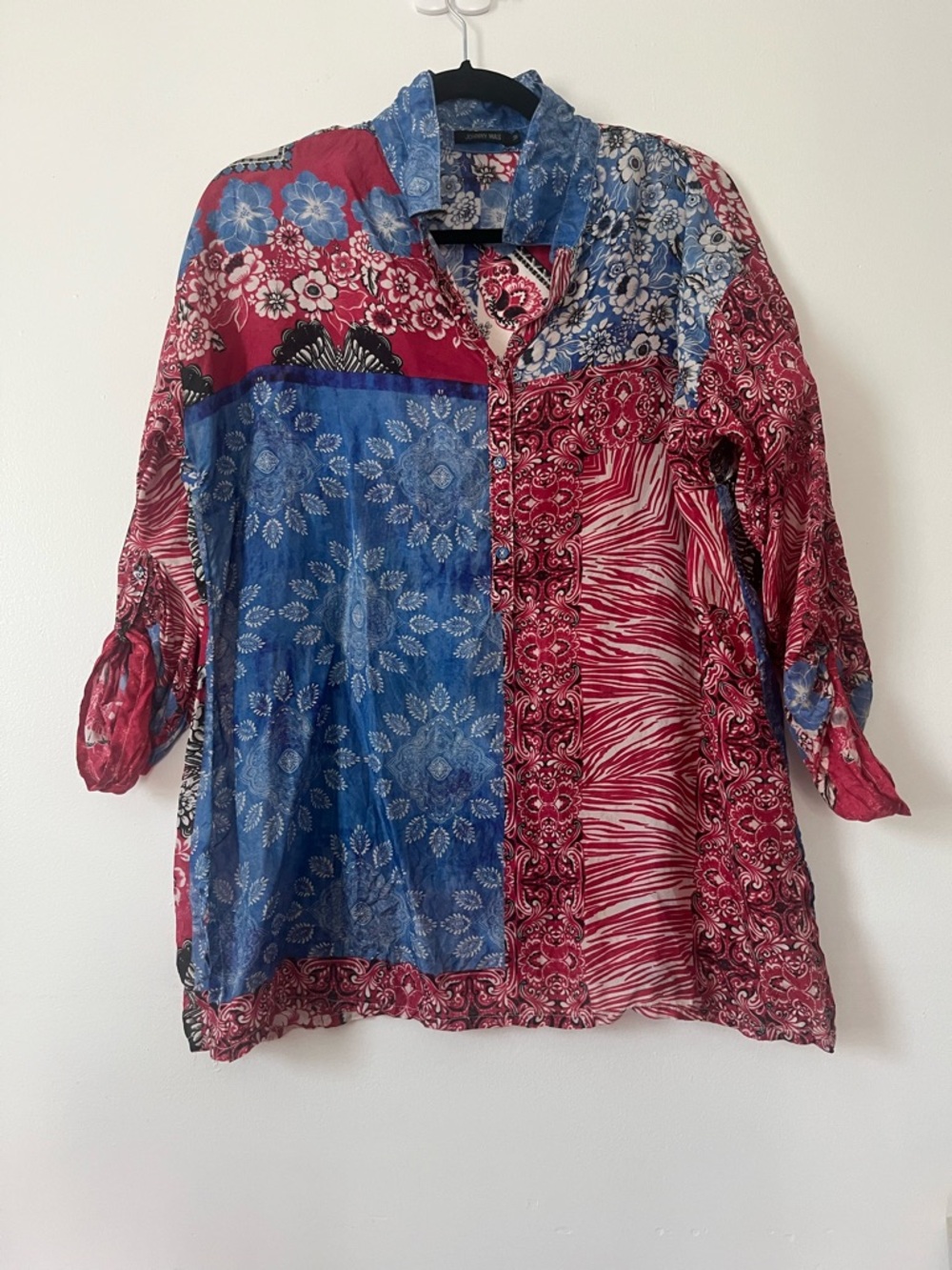 Johnny Was 100% Silk Patchwork Floral-Print Button-Up Blouse - Red & Blue